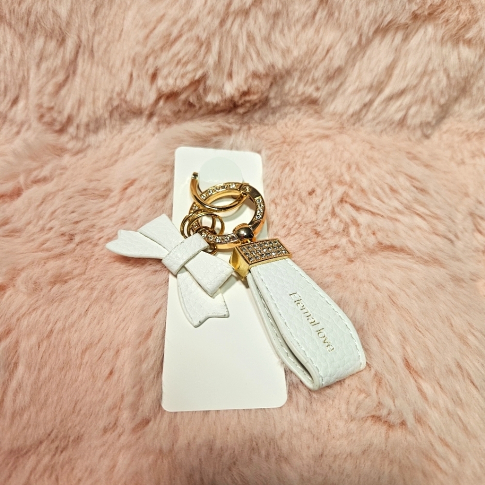 NEW Eternal Love White Faux Leather Rhinestone Keychain Bag Charm Gold Tone